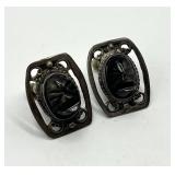 Sterling Silver 925 Screw-On Earrings - Carved Smoky Quartz Cabochons (Lot of 2)