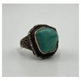Turquoise Stone Silver Filigree Adjustable Ring - 0.75 x 0.75 in Cabochon