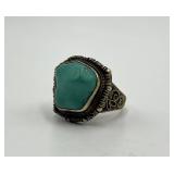 Turquoise Stone Silver Filigree Adjustable Ring - 0.75 x 0.75 in Cabochon