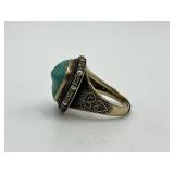 Turquoise Stone Silver Filigree Adjustable Ring - 0.75 x 0.75 in Cabochon