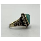 Turquoise Stone Silver Filigree Adjustable Ring - 0.75 x 0.75 in Cabochon