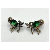 Sterling Silver Bird Earrings - Green Gemstones - Screw Back - 1x0.75 in