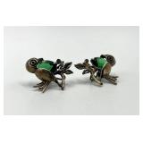 Sterling Silver Bird Earrings - Green Gemstones - Screw Back - 1x0.75 in