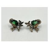 Sterling Silver Bird Earrings - Green Gemstones - Screw Back - 1x0.75 in