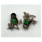 Sterling Silver Bird Earrings - Green Gemstones - Screw Back - 1x0.75 in