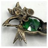 Sterling Silver Bird Earrings - Green Gemstones - Screw Back - 1x0.75 in