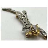 Tiger Brooch Pin - 3.75in L, Two-Tone Gold/Silver with Crystals