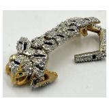 Tiger Brooch Pin - 3.75in L, Two-Tone Gold/Silver with Crystals