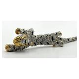 Tiger Brooch Pin - 3.75in L, Two-Tone Gold/Silver with Crystals