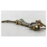 Tiger Brooch Pin - 3.75in L, Two-Tone Gold/Silver with Crystals