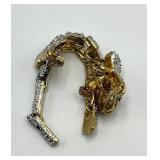 Tiger Brooch Pin - 3.75in L, Two-Tone Gold/Silver with Crystals