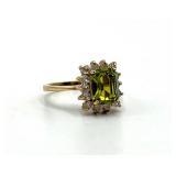 Peridot Ring 18K GF - Emerald-Cut Green Peridot Center with Diamond Halo - Size 5