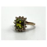 Peridot Ring 18K GF - Emerald-Cut Green Peridot Center with Diamond Halo - Size 5