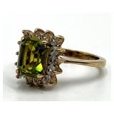 Peridot Ring 18K GF - Emerald-Cut Green Peridot Center with Diamond Halo - Size 5