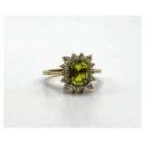 Peridot Ring 18K GF - Emerald-Cut Green Peridot Center with Diamond Halo - Size 5
