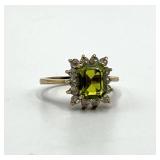 Peridot Ring 18K GF - Emerald-Cut Green Peridot Center with Diamond Halo - Size 5