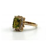 Peridot Ring 18K GF - Emerald-Cut Green Peridot Center with Diamond Halo - Size 5