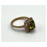 Peridot Ring 18K GF - Emerald-Cut Green Peridot Center with Diamond Halo - Size 5