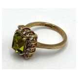 Peridot Ring 18K GF - Emerald-Cut Green Peridot Center with Diamond Halo - Size 5