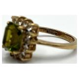 Peridot Ring 18K GF - Emerald-Cut Green Peridot Center with Diamond Halo - Size 5
