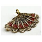 Spain Folding Fan Brooch Pin - Filigree Gold with Red Enamel, Open 2.5in
