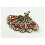 Spain Folding Fan Brooch Pin - Filigree Gold with Red Enamel, Open 2.5in