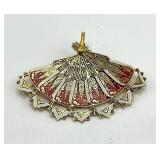 Spain Folding Fan Brooch Pin - Filigree Gold with Red Enamel, Open 2.5in