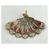 Spain Folding Fan Brooch Pin - Filigree Gold with Red Enamel, Open 2.5in