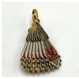 Spain Folding Fan Brooch Pin - Filigree Gold with Red Enamel, Open 2.5in