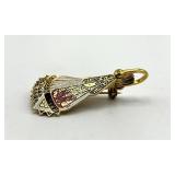 Spain Folding Fan Brooch Pin - Filigree Gold with Red Enamel, Open 2.5in