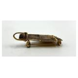 Spain Folding Fan Brooch Pin - Filigree Gold with Red Enamel, Open 2.5in