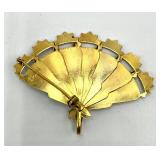 Spain Folding Fan Brooch Pin - Filigree Gold with Red Enamel, Open 2.5in