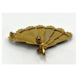 Spain Folding Fan Brooch Pin - Filigree Gold with Red Enamel, Open 2.5in