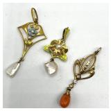 Gold Pendant Trio - 3 Floral/Leaf Charms on 8.5in Chain, 14K (Lot of 3)