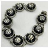 Antique Crystal Link Bracelet - 8 in L, Circles 0.75 in Dia, Crystals 0.25 in Dia
