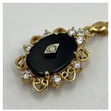 Avon Victorian Pendant Necklace - Black Oval Center with Crystal Accents, 10 in Chain