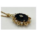 Avon Victorian Pendant Necklace - Black Oval Center with Crystal Accents, 10 in Chain