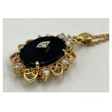 Avon Victorian Pendant Necklace - Black Oval Center with Crystal Accents, 10 in Chain