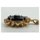 Avon Victorian Pendant Necklace - Black Oval Center with Crystal Accents, 10 in Chain