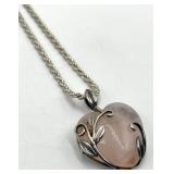 Rose Quartz Pendant Necklace 925 Sterling Silver - 15" Chain, 1.25" Heart Pendant
