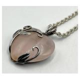 Rose Quartz Pendant Necklace 925 Sterling Silver - 15" Chain, 1.25" Heart Pendant