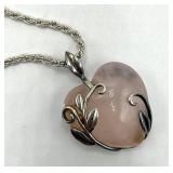 Rose Quartz Pendant Necklace 925 Sterling Silver - 15" Chain, 1.25" Heart Pendant