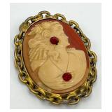 Profile Cameo Brooch 2.25 x 1.75 x 0.5 in - Gold Tone Chain Frame with Red Accent Stones