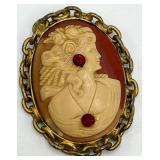 Profile Cameo Brooch 2.25 x 1.75 x 0.5 in - Gold Tone Chain Frame with Red Accent Stones