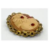 Profile Cameo Brooch 2.25 x 1.75 x 0.5 in - Gold Tone Chain Frame with Red Accent Stones