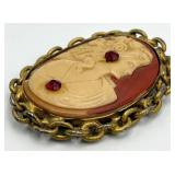 Profile Cameo Brooch 2.25 x 1.75 x 0.5 in - Gold Tone Chain Frame with Red Accent Stones