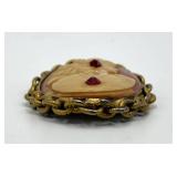 Profile Cameo Brooch 2.25 x 1.75 x 0.5 in - Gold Tone Chain Frame with Red Accent Stones