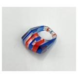 Vintage Lucite Ring - Striped Red/White/Blue, Size 8.5, Top 1.5 x .75 in