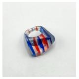 Vintage Lucite Ring - Striped Red/White/Blue, Size 8.5, Top 1.5 x .75 in