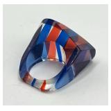 Vintage Lucite Ring - Striped Red/White/Blue, Size 8.5, Top 1.5 x .75 in